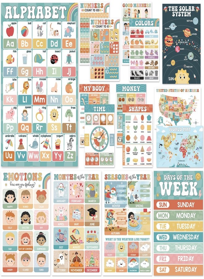 BEAWART 16 Boho Groovy Educational Posters - Alphabet ABC Poster, World Map - Laminated Learning Poster Charts for Classroom Decor - Homeschool and Classroom Wall Decoration - Image 1