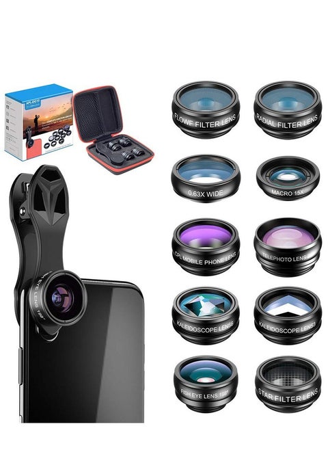 10 in 1 Phone camera Lens Kit Fisheye Wide Angle macro CPL Filter Kaleidoscope and 2X telescope for smartphone