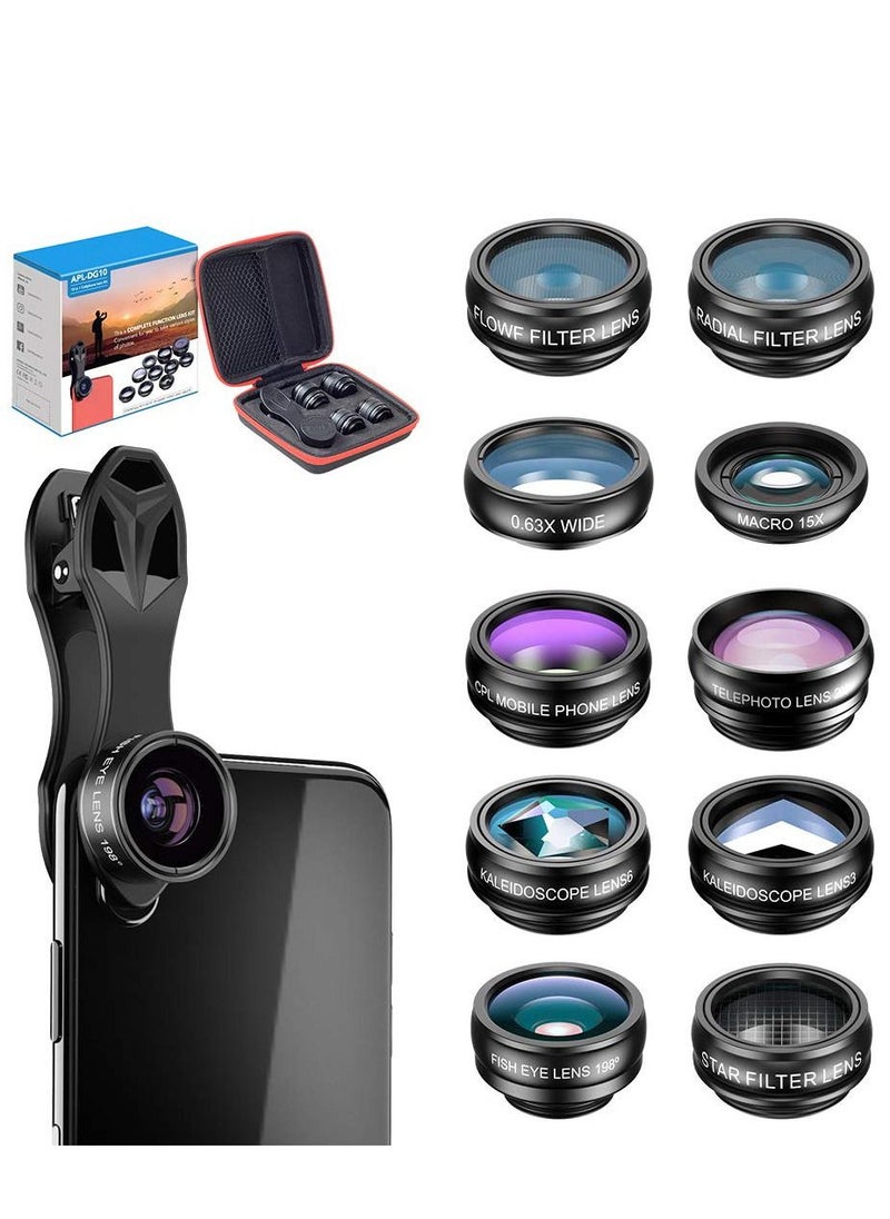 Generic 10 in 1 Phone camera Lens Kit Fisheye Wide Angle macro CPL Filter Kaleidoscope and 2X telescope for smartphone  - Image 1
