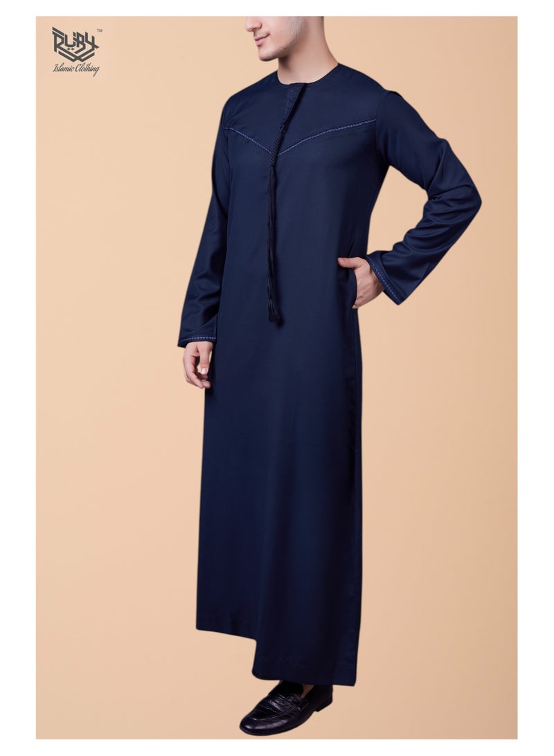 RUBY ISLAMIC CLOTHING Traditional Emirati Navy Thobe with Tassel and Intricate Embroidery kandora  jubba for men - Image 1