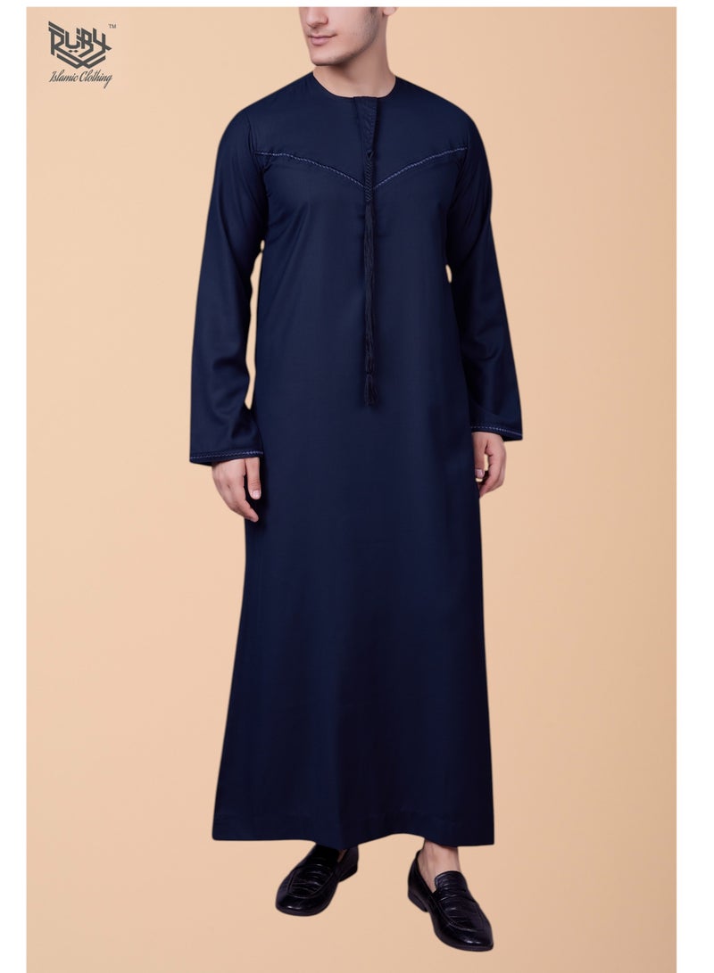 RUBY ISLAMIC CLOTHING Traditional Emirati Navy Thobe with Tassel and Intricate Embroidery kandora  jubba for men - Image 2