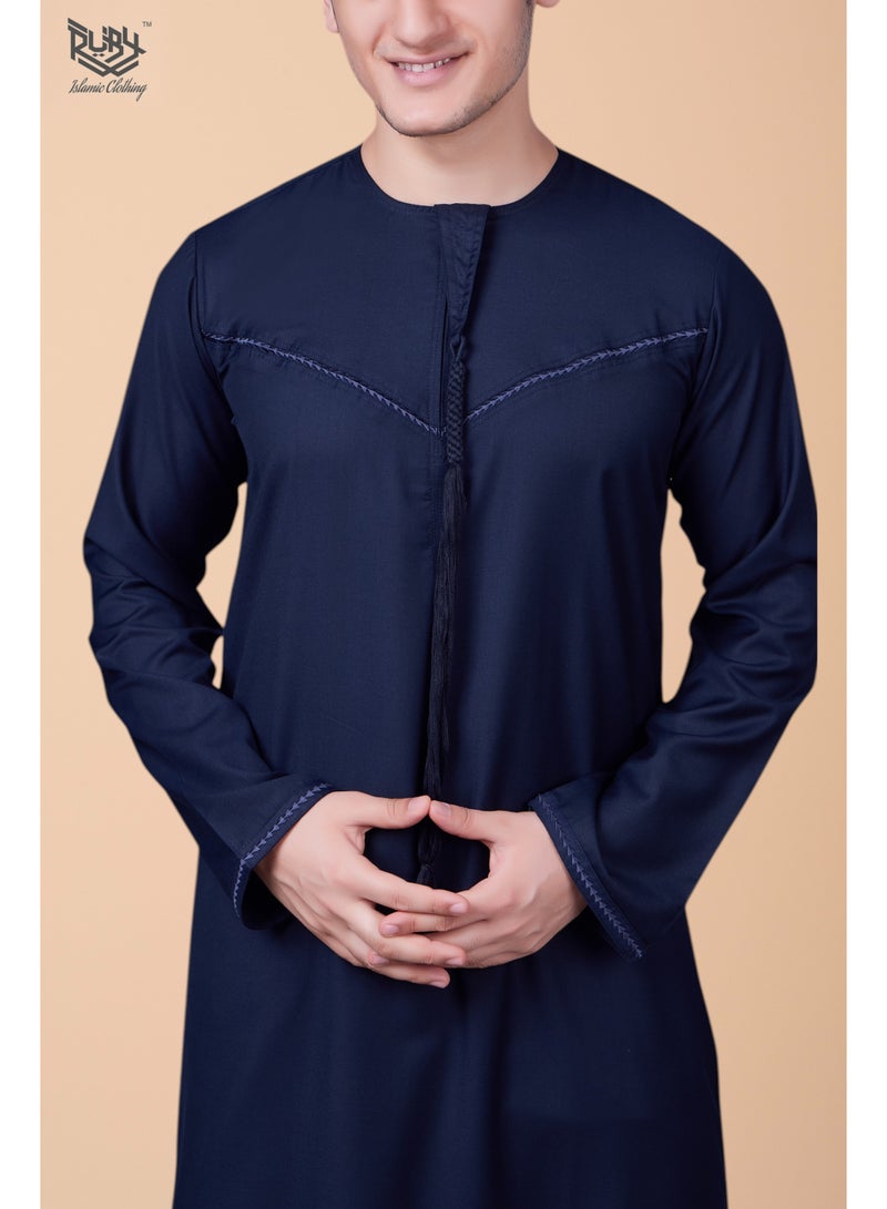 RUBY ISLAMIC CLOTHING Traditional Emirati Navy Thobe with Tassel and Intricate Embroidery kandora  jubba for men - Image 4