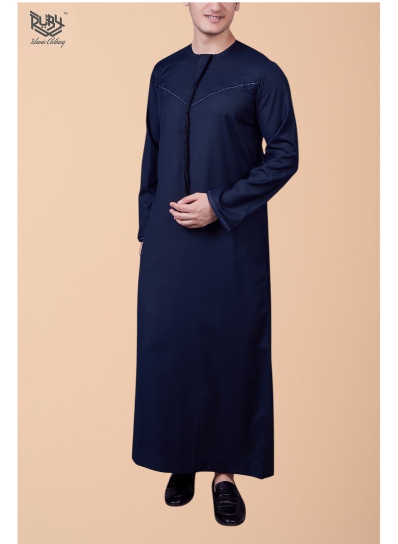 RUBY ISLAMIC CLOTHING Traditional Emirati Navy Thobe with Tassel and Intricate Embroidery kandora  jubba for men - Image 3