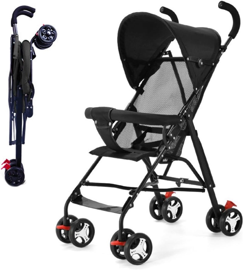 HI-FINE Lightweight Foldable Stroller, Large Storage Basket, Anti-Shock & Lockable Wheels (Black-T1) (Black-R1) - Image 1