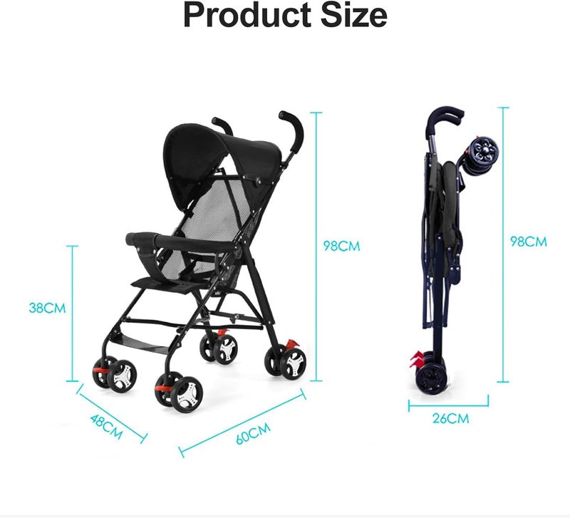 HI-FINE Lightweight Foldable Stroller, Large Storage Basket, Anti-Shock & Lockable Wheels (Black-T1) (Black-R1) - Image 4