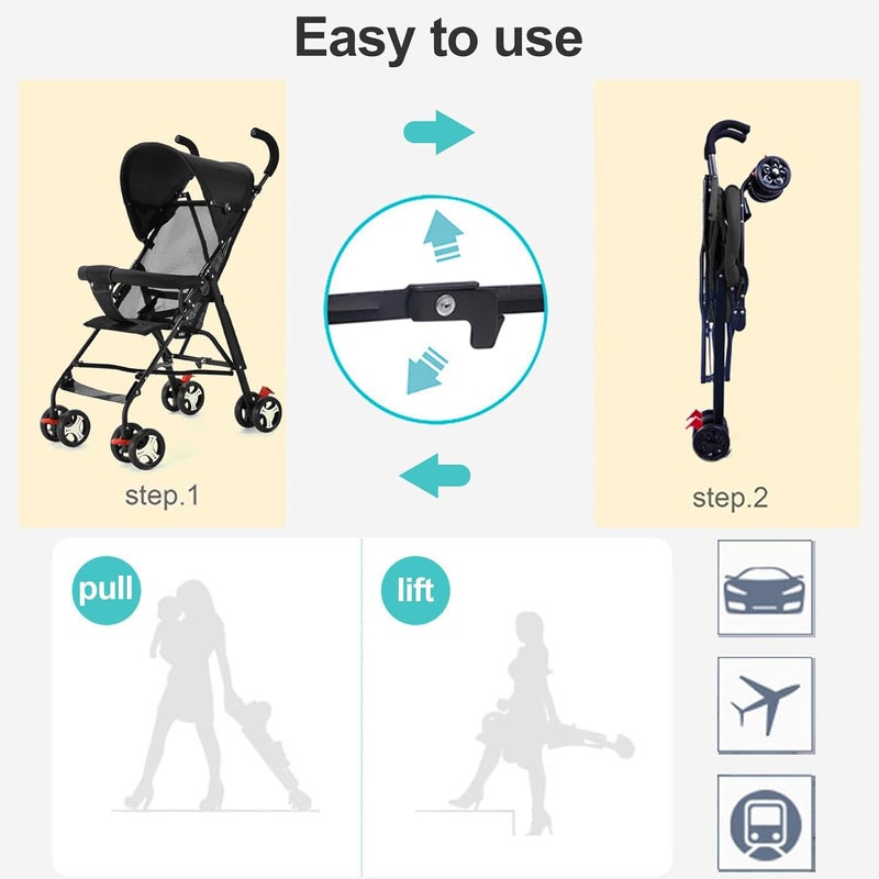 HI-FINE Lightweight Foldable Stroller, Large Storage Basket, Anti-Shock & Lockable Wheels (Black-T1) (Black-R1) - Image 5