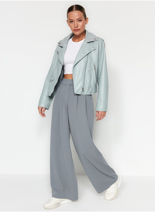 trendyol Yunus Gray Hook and Loop Closure High Waist Pleated Wide Leg/Wide Cut Knitted Trousers TWOAW24PL00177  - Image 1