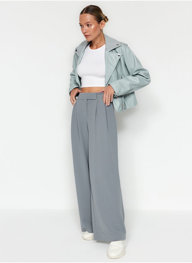 trendyol Yunus Gray Hook and Loop Closure High Waist Pleated Wide Leg/Wide Cut Knitted Trousers TWOAW24PL00177  - Image 3