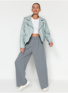 trendyol Yunus Gray Hook and Loop Closure High Waist Pleated Wide Leg/Wide Cut Knitted Trousers TWOAW24PL00177  - Image 2