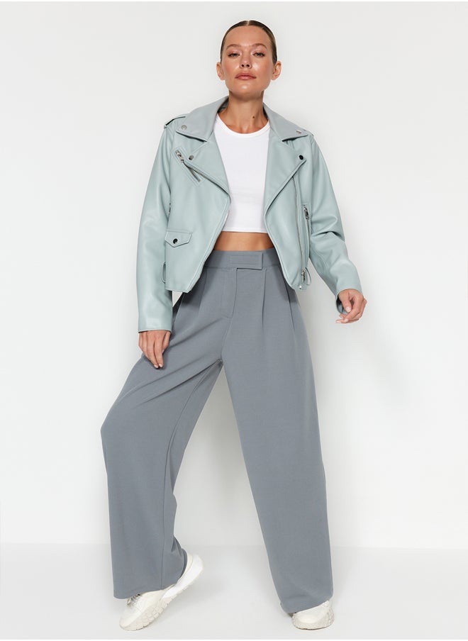 trendyol Yunus Gray Hook and Loop Closure High Waist Pleated Wide Leg/Wide Cut Knitted Trousers TWOAW24PL00177  - Image 2