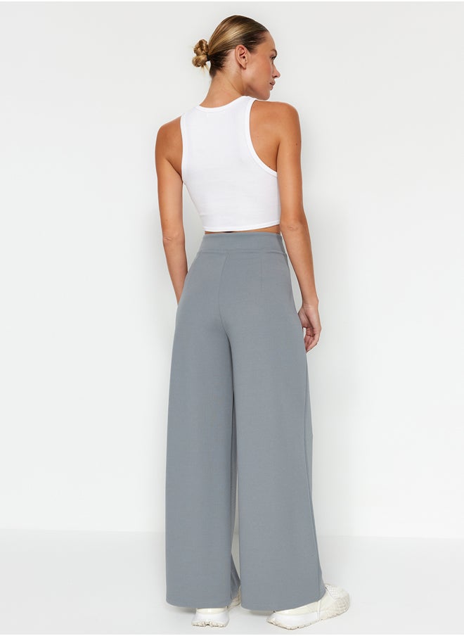 Yunus Gray Hook and Loop Closure High Waist Pleated Wide Leg/Wide Cut Knitted Trousers TWOAW24PL00177