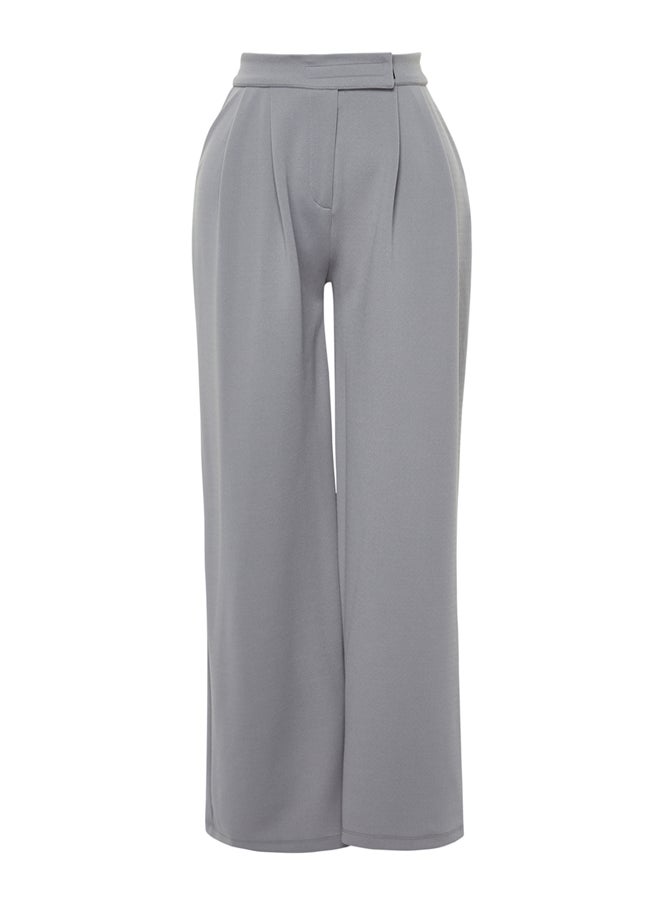 Yunus Gray Hook and Loop Closure High Waist Pleated Wide Leg/Wide Cut Knitted Trousers TWOAW24PL00177