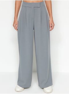 trendyol Yunus Gray Hook and Loop Closure High Waist Pleated Wide Leg/Wide Cut Knitted Trousers TWOAW24PL00177  - Image 4