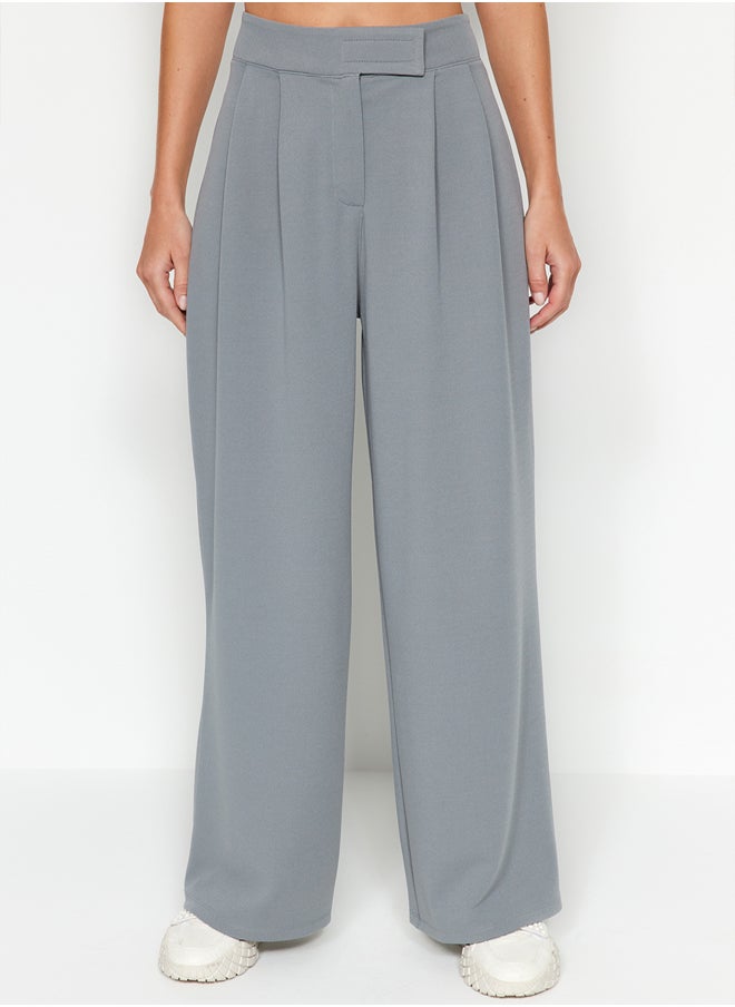 trendyol Yunus Gray Hook and Loop Closure High Waist Pleated Wide Leg/Wide Cut Knitted Trousers TWOAW24PL00177  - Image 4