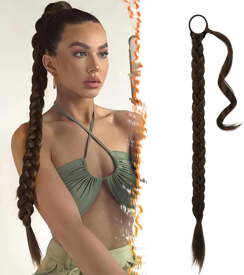 BARSDAR 26 Inch Long Braided Ponytail Extension with Hair Tie Straight Wrap Around Hair Extensions Pony Tail DIY Natural Soft Synthetic Hairpiece for Women Dark Brown mix Auburn Evenly
