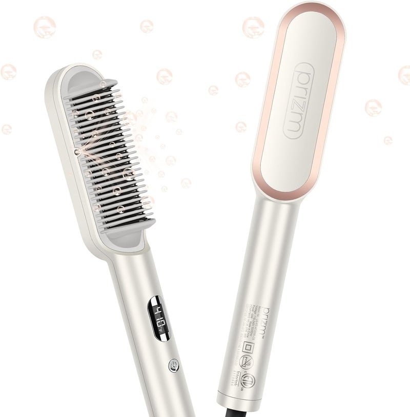 Prizm Hair Straightener Brush 20s Fast Heating Negative Ions Hair Straightening Comb with Less Frizz 4 Temp Settings  LED Display AntiScald Design for Home Salon Dual Voltage Champagne Silver
