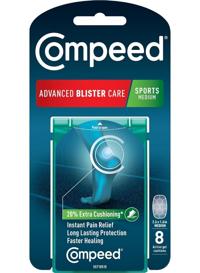 Compeed Advanced Blister Care 8 Count Sports Medium (2 Packs), Hydrocolloid Bandages, Heel Blister Patches, Blister on Foot, Blister Prevention & Treatment Help, Waterproof Cushions - Image 1