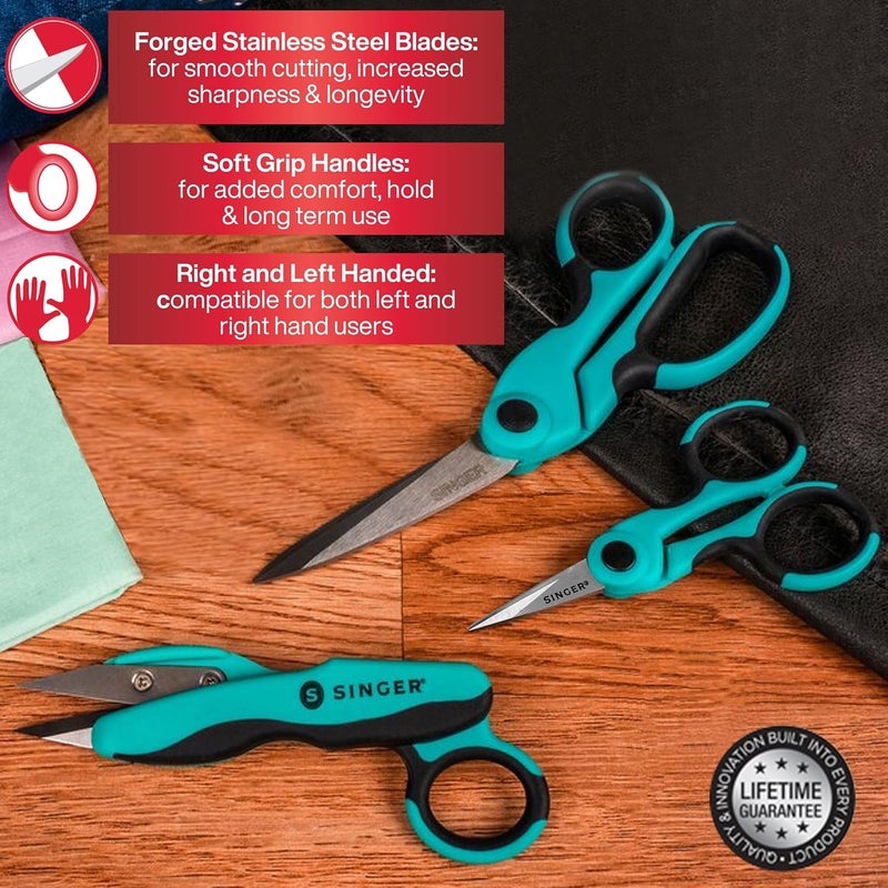 SINGER ProSeries Sewing Scissors Bundle: 8.5" Heavy Duty Fabric, 4.5" Detail Embroidery, 5" Thread Snips With Comfort Grip (Teal) - Image 3
