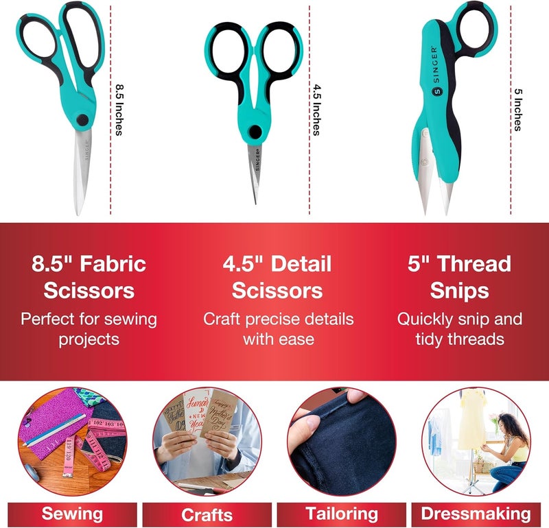 SINGER ProSeries Sewing Scissors Bundle: 8.5" Heavy Duty Fabric, 4.5" Detail Embroidery, 5" Thread Snips With Comfort Grip (Teal) - Image 2