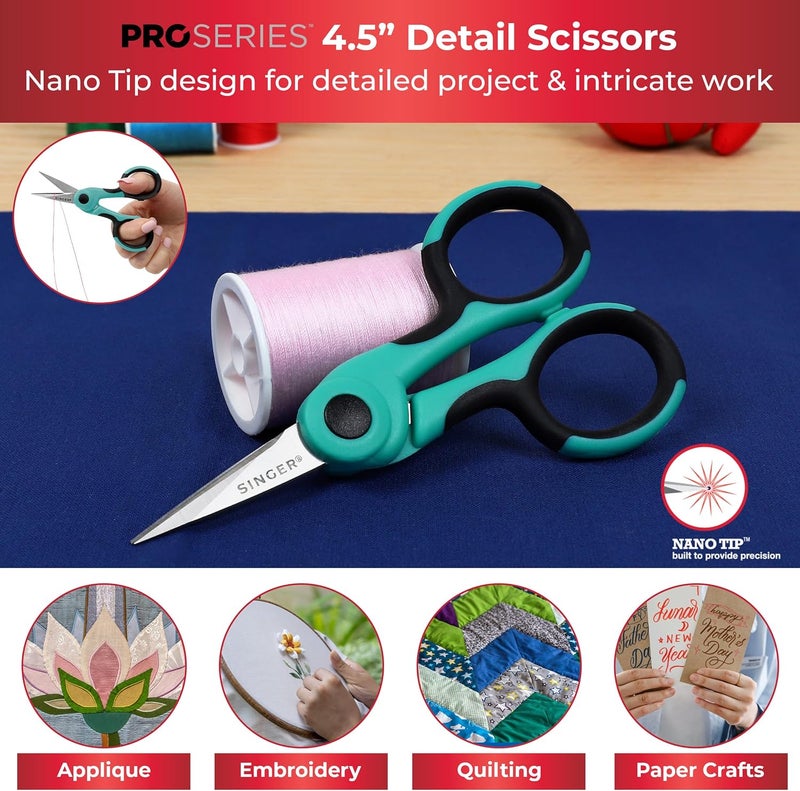 SINGER ProSeries Sewing Scissors Bundle: 8.5" Heavy Duty Fabric, 4.5" Detail Embroidery, 5" Thread Snips With Comfort Grip (Teal) - Image 5