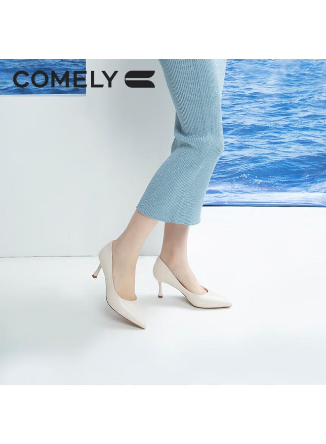 Comely Women's Single Shoes, Spring Thin Heel Pointed Toe High Heel, Sheepskin Soft Comfortable Sole, Simple Professional Work Shoes, Beige, Size 34 - Image 2