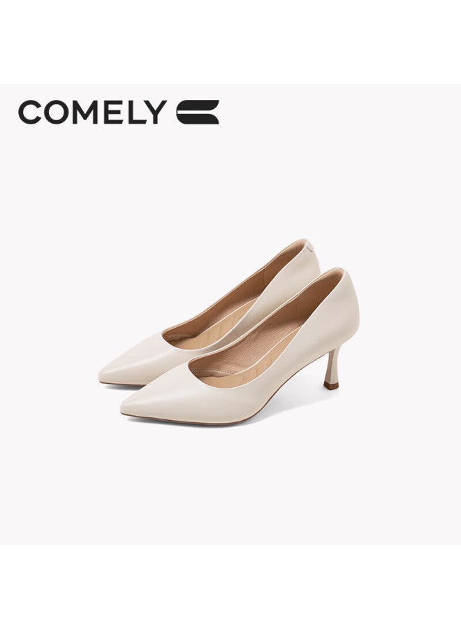 Comely Women's Single Shoes, Spring Thin Heel Pointed Toe High Heel, Sheepskin Soft Comfortable Sole, Simple Professional Work Shoes, Beige, Size 34 - Image 1