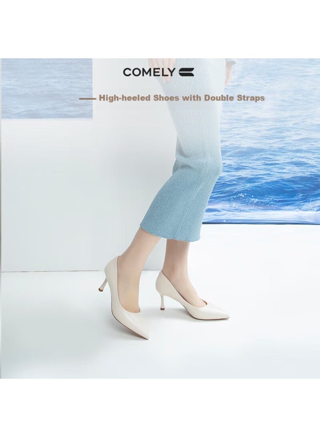 Comely Women's Single Shoes, Spring Thin Heel Pointed Toe High Heel, Sheepskin Soft Comfortable Sole, Simple Professional Work Shoes, Beige, Size 34 - Image 4
