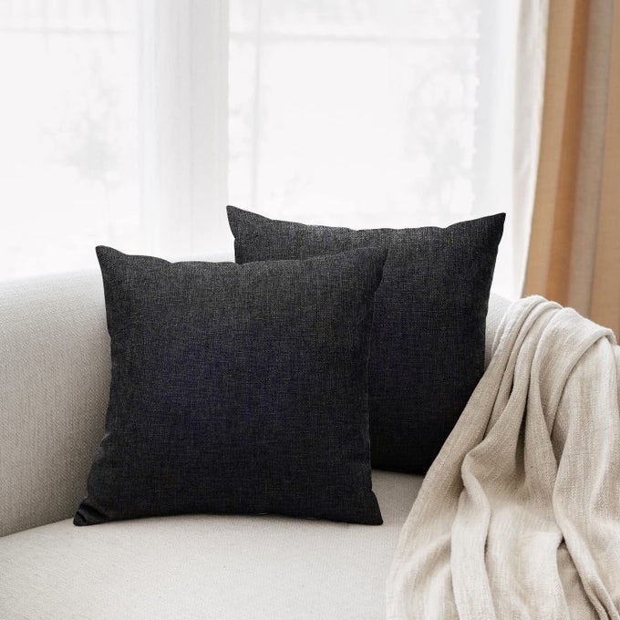 BLACK THROW PILLOW COVERS 16X16 SET OF 2 SOLID DECORATIVE CUSHION CASES LINEN DCOR HOME DECORATIONS INDOOR OUTDOOR FOR BED SOFA COUCH PATIO LIVING ROOM BEDROOM