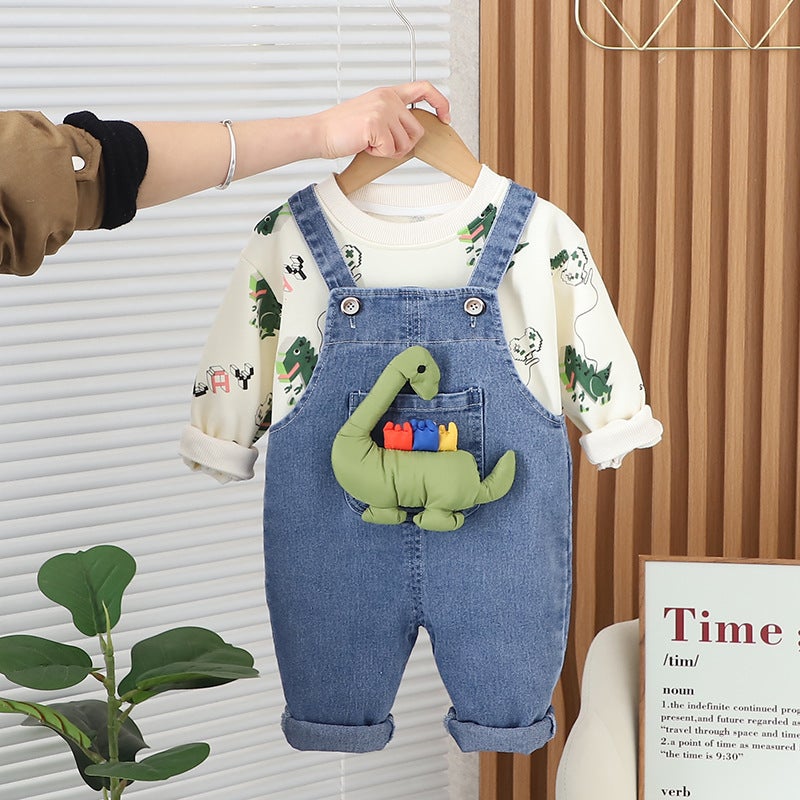 Childrens handsome Denim suspender pants suit one-piece delivery 2024 spring new childrens casual bottoming shirt childrens clothing Green 