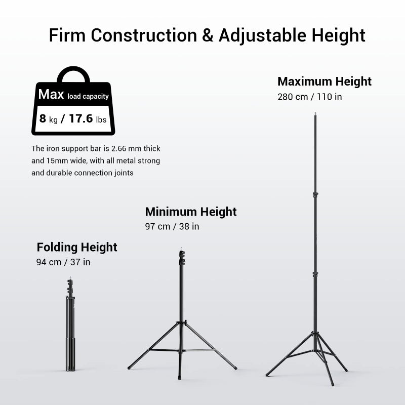 SMALLRIG Photography Light Stand 110"/9.2ft/280cm, Air-Cushioned Aluminum Photo Video Tripod Stand with 1/4" Screw for Softbox, Studio Light, Reflector and Ring Light, Max Load 8kg, RA-S280 - Image 2