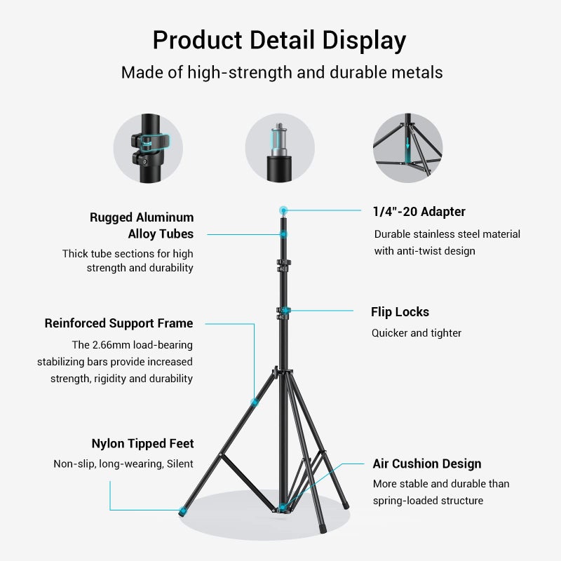 SMALLRIG Photography Light Stand 110"/9.2ft/280cm, Air-Cushioned Aluminum Photo Video Tripod Stand with 1/4" Screw for Softbox, Studio Light, Reflector and Ring Light, Max Load 8kg, RA-S280 - Image 4