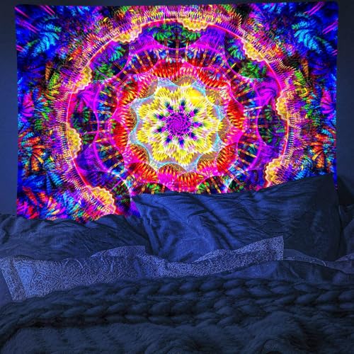 PSYHILAR Blacklight Mandala Tapestry for Bedroom, Psychedelic Black Light Posters for Adults and Teens, Colorful UV Reactive Aesthetic Bohemian Art Wall Hanging Decor (60 x 50 Inches) - Image 4