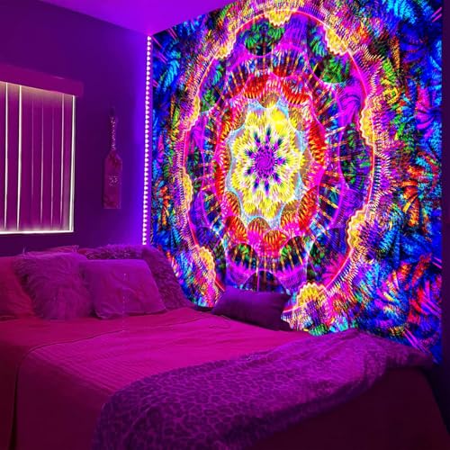 PSYHILAR Blacklight Mandala Tapestry for Bedroom, Psychedelic Black Light Posters for Adults and Teens, Colorful UV Reactive Aesthetic Bohemian Art Wall Hanging Decor (60 x 50 Inches) - Image 1