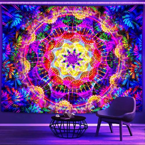 PSYHILAR Blacklight Mandala Tapestry for Bedroom, Psychedelic Black Light Posters for Adults and Teens, Colorful UV Reactive Aesthetic Bohemian Art Wall Hanging Decor (60 x 50 Inches) - Image 2