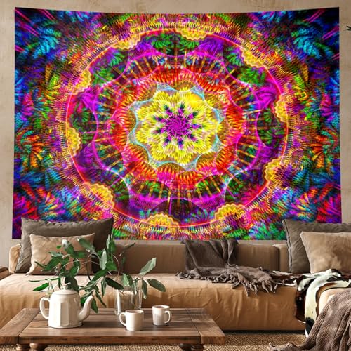 PSYHILAR Blacklight Mandala Tapestry for Bedroom, Psychedelic Black Light Posters for Adults and Teens, Colorful UV Reactive Aesthetic Bohemian Art Wall Hanging Decor (60 x 50 Inches) - Image 5
