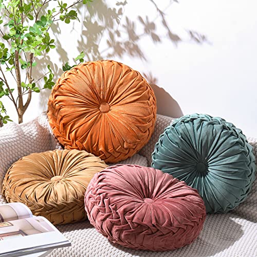Kathfly Set of 4 Decorative Round Pleated Throw Pillows, Classy Velvet Pumpkin Round Throw Pillows, Decorative Floor Pillow for Bed Chair Home Sofa Decor, 14" Diameter(Colorful) - Image 1