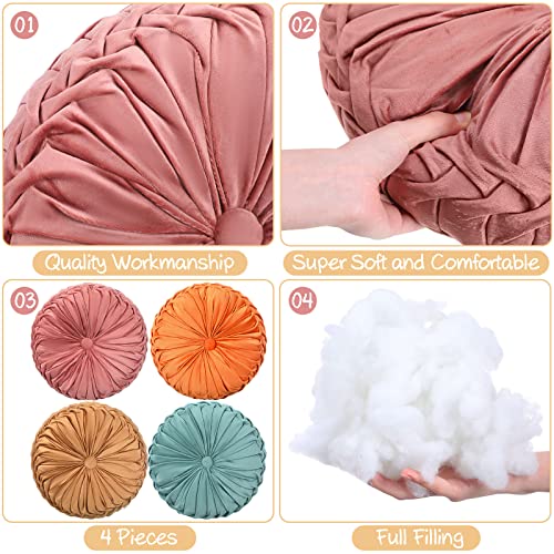 Kathfly Set of 4 Decorative Round Pleated Throw Pillows, Classy Velvet Pumpkin Round Throw Pillows, Decorative Floor Pillow for Bed Chair Home Sofa Decor, 14" Diameter(Colorful) - Image 3