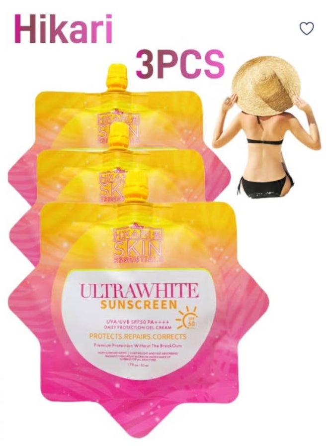 هيكاري 3 عبوات من واقي الشمس هيراري سكين إسينشالز ألترا وايت 50 مل – SPF50 PA+++++++, خفيف الوزن للغاية وملائم للهواء، مبيض ومرطب، مقاوم للماء، جل سريع الامتصاص - Image 1