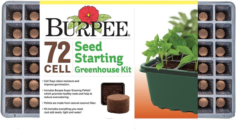 Burpee Greenhouse Indoor Starting Herbs Flowers and Vegetables Includes Dome Watering Seed Starter Tray Coir Pellets 10 W x 20 L x 5 H One Size 1 Kit 72 Cells