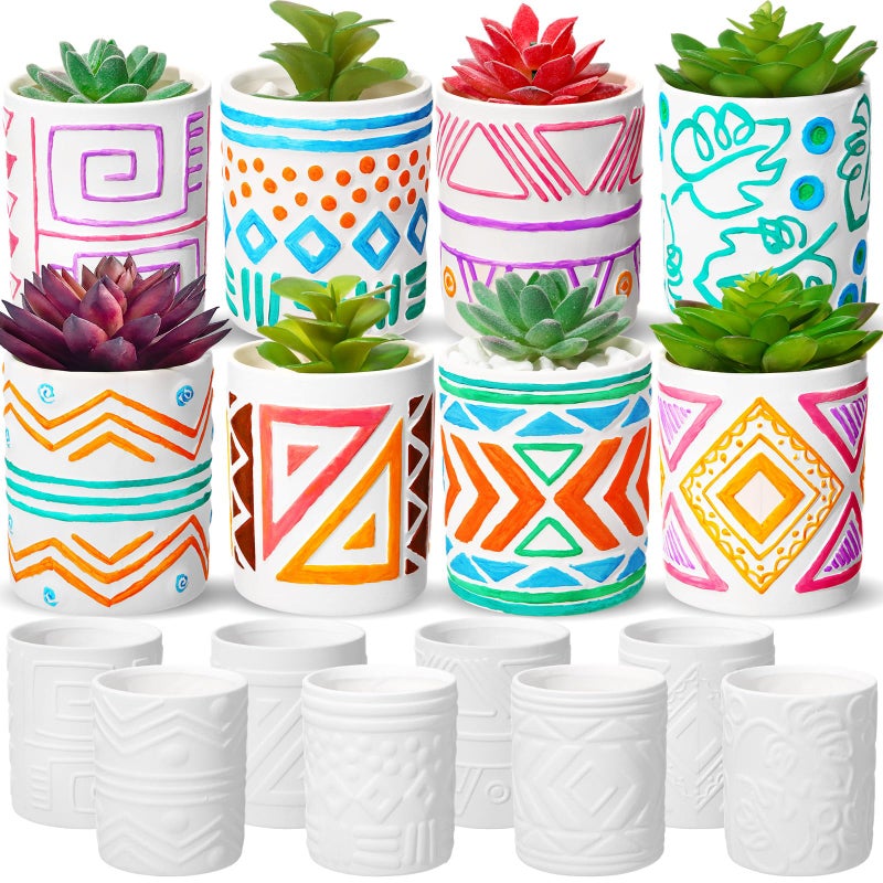 Zubebe 12 Pcs Paint Your Own Ceramic Pot Bulk Ready to Paint Ceramics Plant Pot DIY Mini Ceramic Succulent Pots in Bohemian Unfinished Pottery Mini Flower Planters Pots Painting Craft Supplies - Image 1