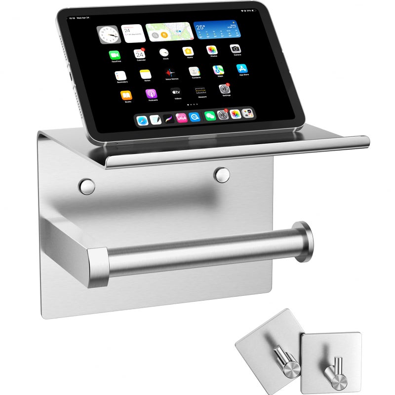 Tindbea Mega Size Toilet Paper Holder with Shelf  Towel Robe Hooks Adhesive or Screw Wall Mounted Toilet Paper Roll Holder Stainless Steel Bathroom Hardware Set Brushed Nickel