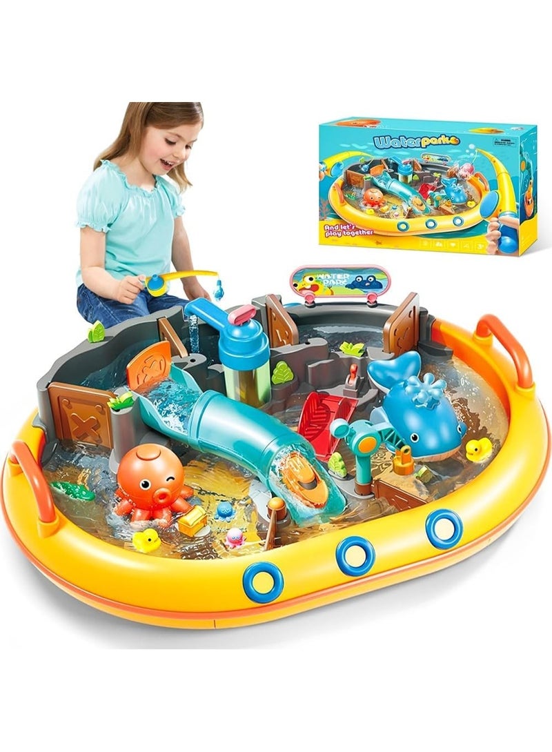 UKR 8 in 1 Interactive Water Play Set with Slide, Whale Sprinkler & Fishing Rods Waterpark Magnetic Fishing Water Toy Educational Sensory Toy for Toddlers - Image 1