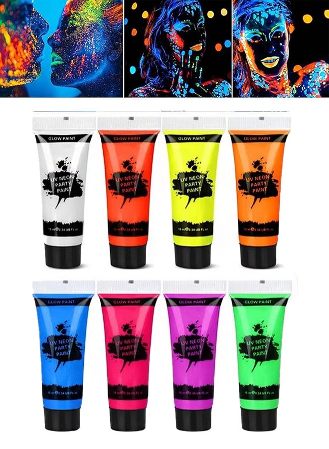 8 Tubes UV Glow Black Light Neon Face and Body Paint, Easily Cleanable Face Body Paint Set Neon Body Makeup Glow in Dark Party Supplies - 8*10ml - Image 1