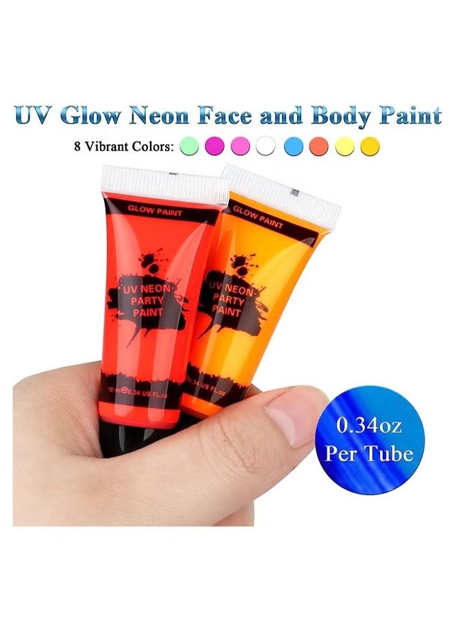 8 Tubes UV Glow Black Light Neon Face and Body Paint, Easily Cleanable Face Body Paint Set Neon Body Makeup Glow in Dark Party Supplies - 8*10ml - Image 2