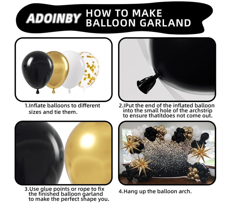 ADOINBY Black and Gold Balloon Garland Arch Kit, 185Pcs Explosion Star Black White Metallic Gold Confetti Latex Balloons for Birthday Anniversary Wedding Engagements Baby Shower Party Decorations - Image 3