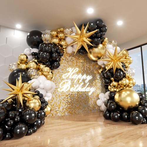 ADOINBY Black and Gold Balloon Garland Arch Kit, 185Pcs Explosion Star Black White Metallic Gold Confetti Latex Balloons for Birthday Anniversary Wedding Engagements Baby Shower Party Decorations - Image 1