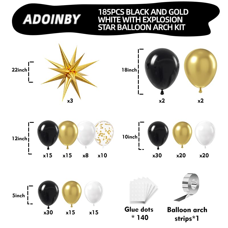 ADOINBY Black and Gold Balloon Garland Arch Kit, 185Pcs Explosion Star Black White Metallic Gold Confetti Latex Balloons for Birthday Anniversary Wedding Engagements Baby Shower Party Decorations - Image 2