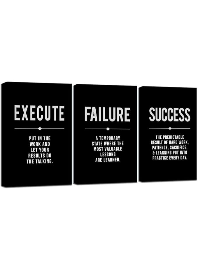MAXSAFE UN Framed Canvas Wall Art Success Quote, Office Wall Art, Black Large Poster, Positive Motivational Set of 3 Prints, Execute Failure Definition, Inspirational Print (A-3pcs,12x16inchx3pcs) - Image 1