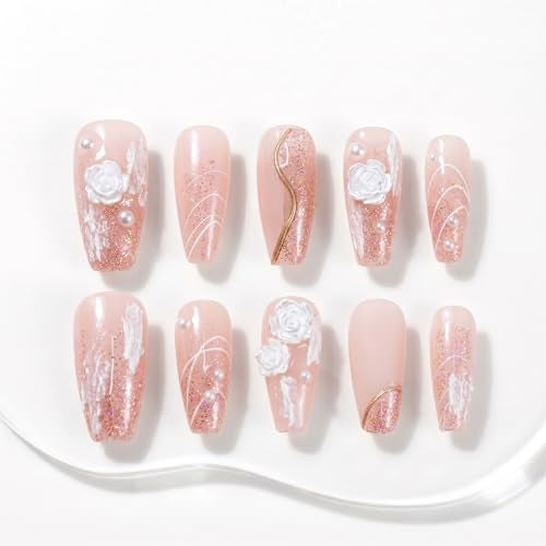 Sun&Beam Nails Handmade Press on Fake Nails Medium Long Nail Tips Popular Design Ballerina Pink 3D Flower Cute Pearl with Storage Box 10 Pcs (#002 L) - Image 1