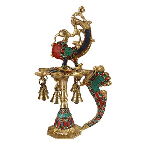 Artvarko 1 Feet Large Brass Peacock Design Multi Oil Wick Diya Lamp Pooja Home Decor Showpieces Diwali Gift. - Image 3